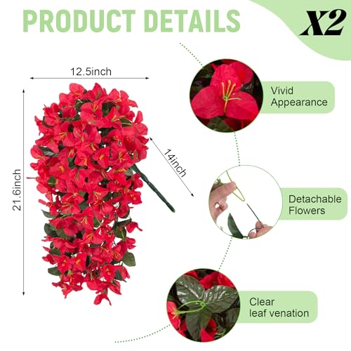 Fake Bougainvillea Artificial Flowers for Outdoors Decoration 2 pcs Faux Hanging Flowers Plants for Outdoor Planters UV Resistant Silk Bougainvillea Vines for Front Door Porch Urn Patio Garden - color: Red