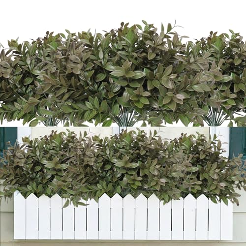 6 Bundles Artificial Greenery Stems, 14.5" Fake Lucky Bamboo Leaves Faux Outdoor Plants UV Resistant Plastic Shrubs for Outside Home Room Garden Patio Front Porch Farmhouse Pathway Indoor Decorations - color: Dark Green