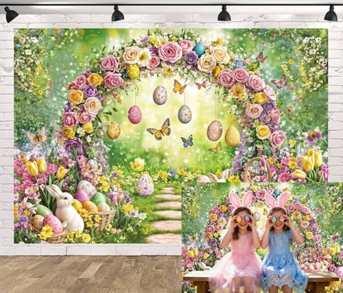 Spring Happy Easter Backdrop, Enchanted Forest Colorful Eggs Rabbit Bunny Floral Butterfly Photography Background, Fairy Tale Wonderland Garden Party Decorations Banner Photo Booth Studio Props 5X3FT - color: Purple and Green, size: 5X3FT