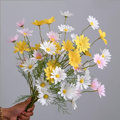 NatureMan Artificial Flowers 12 Bundles Artificial Silk Daisy UV Resistant Outdoor Fake Wildflowers with Stems Daisy Arrangements for Home Hotel Office Garden Decoration (White, Yellow, Pink) - color: White, Yellow, Pink