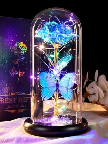 Gifts for Mom Birthday Gifts for Women Blue Rose Eternal Flower Light Up Rose in Glass Dome with Butterfly, Galaxy Crystal Flowers Gifts for Grandma Wife Daughter Her Delivery Prime - color: Sky Blue