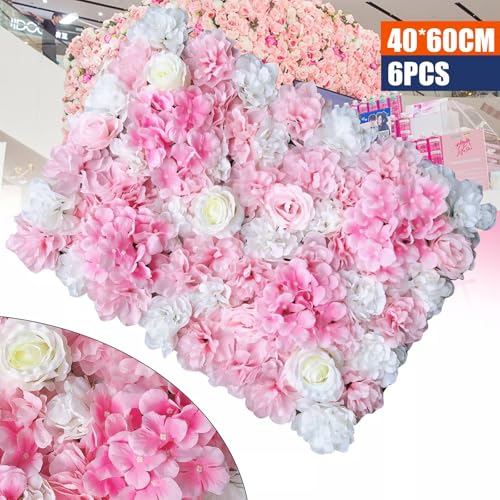 Flower Wall Panel Floral Backdrop, 6 Pcs Flower Wall Decor, 24" X 16" Silk Rose Wall, Artificial Flower Wall Backdrop Faux Flower Panel for Wedding, Party, Home (White Dahlia + Sweet Pink) - color: White Dahlia + Sweet Pink