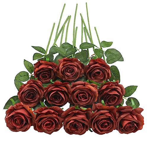 Tifuly Roses Artificial Flowers - 12 Pcs Long Stem Silk Roses, Realistic Fake Roses with Stems for Bridal Bouquets, Home and Office DIY Decor（Burnt Orange） - color: Burnt Orange