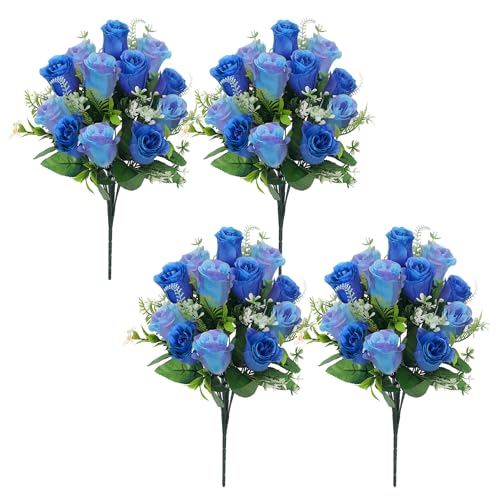 Artificial Rose Bouquets,Fake Flowers Rose,Set of 4 Realistic Silk Flowers for Cemetery and Headstone Decoration, UV Resistant for Outdoor Memorials, Home, and Wedding Centerpieces (Blue) - color: Blue