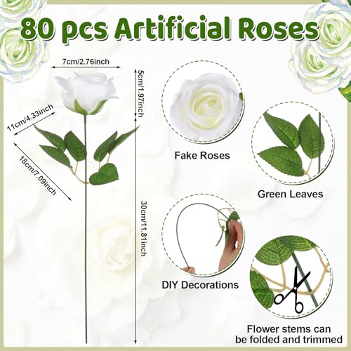80Pcs White Roses Artificial Flowers Bulk, Velvet Silk White Roses Realistic Rose Fake White Flowers for Wedding Party Table Centerpieces Bridal Bouquets Home Decor (White) - color: White Rose-80