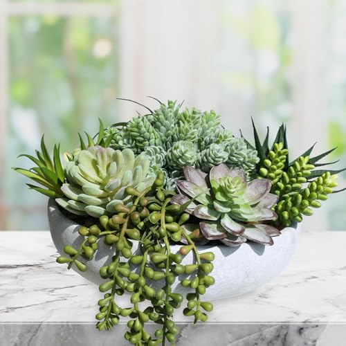 Winlyn 9" Artificial Succulent Arrangement Succulent Plants in Gray Round Planter Faux Potted Succulents for Home Office Bedroom Kitchen Bathroom Table Centerpiece Windowsill Shelf Mantel Decor