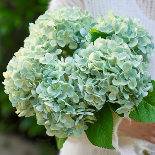 5 Pcs Hydrangea Artificial Flowers, Faux Silk Hydrangea Flores with Stems, Fake Flowers for Wedding Bouquet Kitchen Home Office Party Coffee Tables Vase Outdoor Decor (Green, 18.5 Inches) - color: Matcha Green