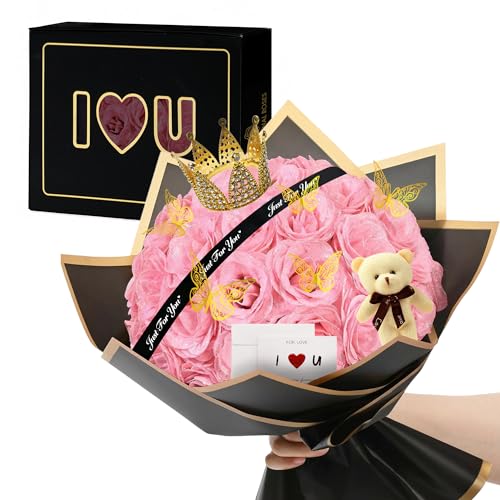 Light Pink Glitter Flower Bouquet, 36 Pcs DIY Artificial Glitter Rose Bouquet with Bear & Butterfly & Golden Crown, Eternal Flowers Gifts for Her, Girlfriend, Valentines, Birthday, Mother's Day - color: Fba-light Pink