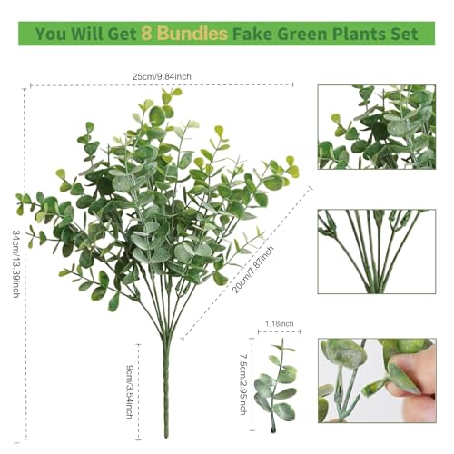 8 Bundles Multi Colored Artificial Eucalyptus Leaves, Plastic Plants, Outdoor Plants, Indoor Decorative Artificial Plants, Porch Window Frames, Green Plant Decorations (8, Dust Green) - color: Dust Green