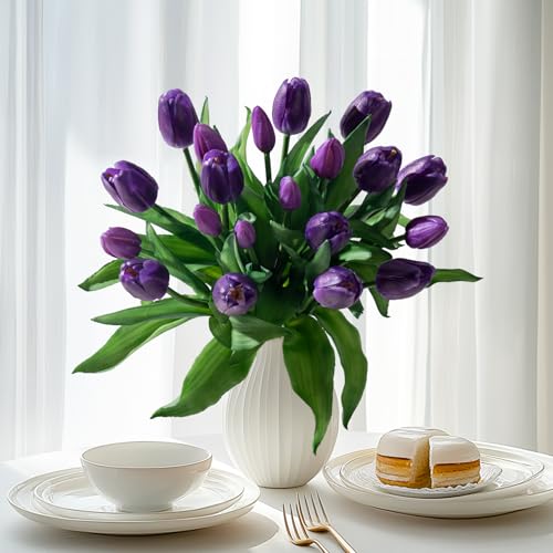 Bailikang 20PCS Fake Tulips 12' Artificial Tulip Silk Flowers Fake PU Bouquet Artificial Flowers Faux Flowers with Gift Box Soft Faux Tulips Bouquets Arrangements for Party Wedding Home - color: Light Purple