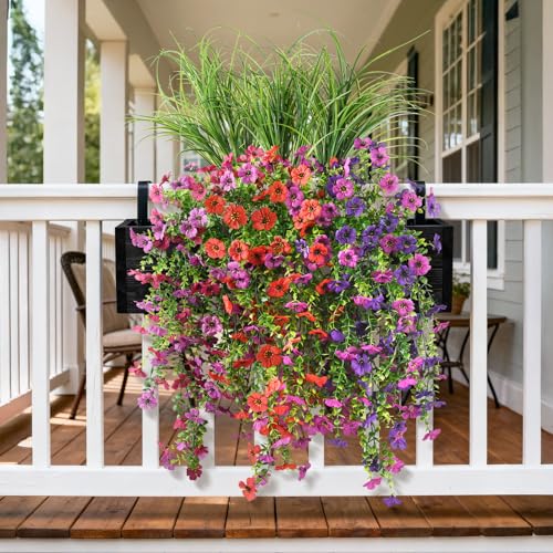 Artificial Hanging Flowers with Wheat Grass for Outdoors, 5 Pcs Fake Hanging Plants for Spring Decor, UV Resistant Faux Silk Flower Greenry for Planter Porch Patio Yard Garden(Mixd Purple Red) - color: Z Mixd Purple Red With Grass