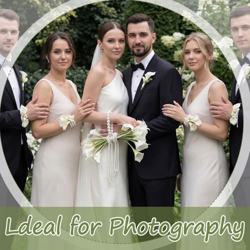 Yinder 14 Pcs Calla Lily Bridal Bouquet with Pearl Handle, Bridal Pearly Wedding Bouquet with Flowers with Pearl Bead for Wedding Marriage Party Church Bridesmaid