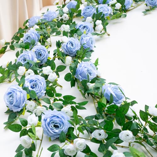 2 PCS 12FT Bendable Flower Garland, Artificial Rose Vine Hanging Floral Garland Decoration for Weding Home Room Wall Decor (Blue, 2pcs) - color: Blue, size: 2pcs