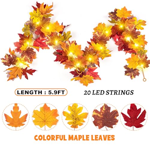 Fall Maple Leaf Garland with Yellow Lights, 2PCS Thanksgiving Artificial Hanging Fall Leave Vines with 20 LED, Yellow Floral Garlands Halloween Autumn Decor for Home Wedding Party (11.8FT) - color: 2 Yellow With 2 Yellow Lights