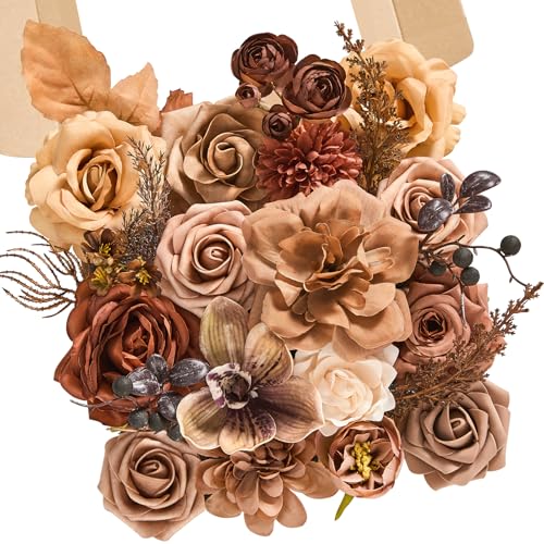 Serwalin Artificial Fall Flowers, Brown & Terracotta Silk Flowers with Stems, Fake Roses Flowers for Wedding Bouquets Bridal Baby Shower Party Craft Home Cake Decoration - color: A Brown Terracotta, size: 1 Box