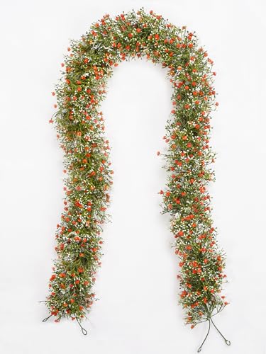 2 Pcs 5.8ft Artificial Baby Breath Flower Vines, Babys Breath Artificial Flowers Real Touch Faux Gypsophila Hanging Fake Baby's Breath Garlands for Wedding and Baby Shower Decor(Red-Orange - color: Red-orange