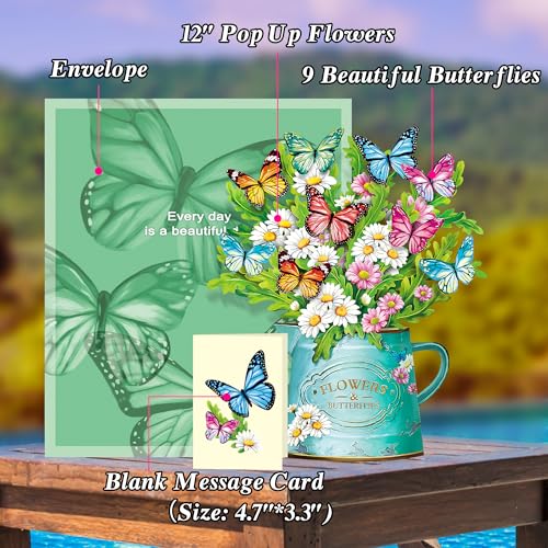 Airpark 3D Pop Up Paper Flowers Bouquet Card 12’‘ with Note & Envelope, Birthday Gifts, Get Well, Thank You, Greeting Cards for Women Mom Wife Friends, Daisies and Butterflies - style: Daisies and Butterflies