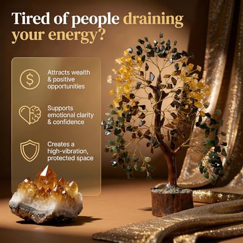 ANAYA AGATE Money Wealth Crystal Tree Set with Tree of Life Citrine, Pyrite, Tiger Eye & Green Aventurine, Chakra Healing Gemstone Trees for Prosperity, Success, Good Luck & Positive Energy - color: Money Wealth Golden Wire