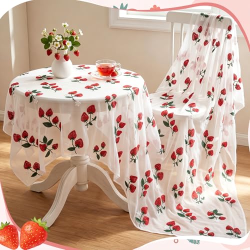 Mindsoft 3 Pcs Strawberry Table Runner, 10ft Tablecloth Strawberry Party Decorations Gauze Embroidery Tulle Lace Runner, for Table Wedding Birthday Bridal Baby Shower Holiday Dining Decor DIY - style: Strawberry