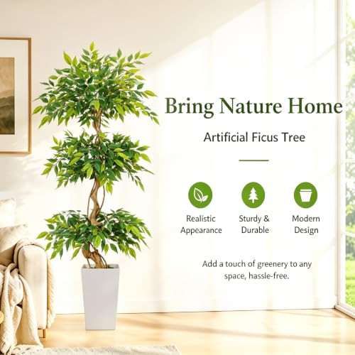 GTIDEA 6FT Ficus Artificial Tree in Tall Decorative Planter, 72 ''Tall Faux Ficus Tree with Realistic Green Leaves and Natural Trunk, Large Fake Indoor Plant for Living Room, Office, Home Corner Decor - color: 6ft Ficus Tree (With Vase)