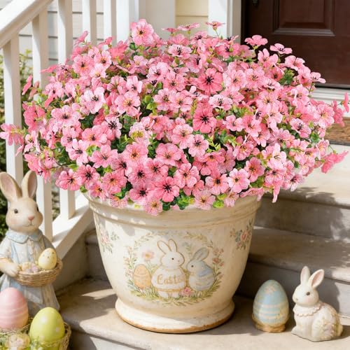 16PCS Fake Flowers for Outdoors, Realistic Fake Artificial Flowers for Outside, No Fade Faux Eucalyptus Plants for Outdoor Planter, Window Box, Hanging Basket - Porch Patio Garden Decor - color: Pk, size: 16PCS