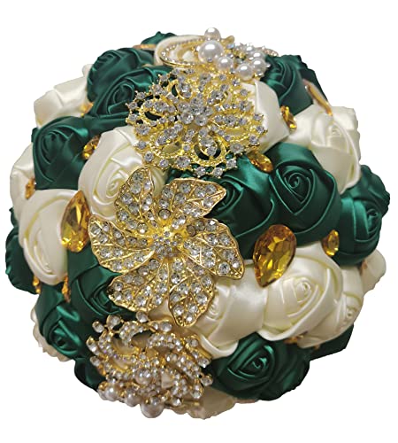 Handmade Wedding Bouquets for Bride Bridesmaid Brooch Artificial Holding Flower Tossing Bouquet（White/Dark Green,21cm,1PC - color: Ivory/Dark Green, size: 21CM/8.3''