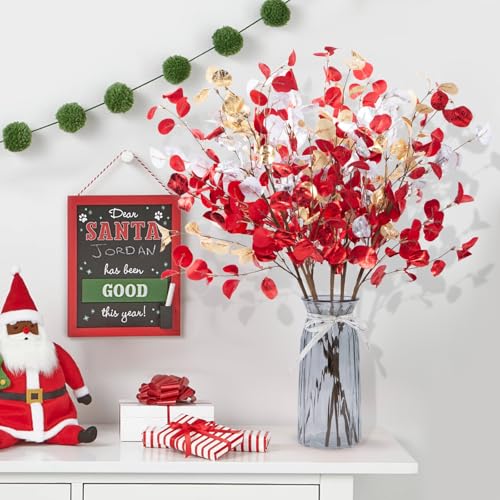 6pcs Eucalyptus Stems Fake Red Gold Silvery Christmas Decorations Leaves Artificial Silk Flowers Bouquet Faux Branches Centerpiece Flores Plants for Home Party Decor Wedding Decoration - color: 6pcs-christmas