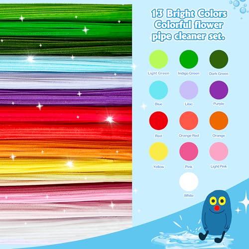572 PCS Pipe Cleaners Flower Kit, 13 Colors Chenille Stems with Floral Wires, Stamen, Tapes, Dot Glue, Instruction, White Box – DIY Craft Set for Handmade Pipe Cleaner Bouquets and Decorations