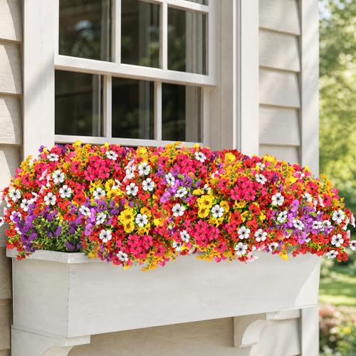 CLEANGOR 12 Pcs Artificial Flowers for Outdoors (6 Color) | UV Resistant Artificial Outdoor Plants, Fake Daisy with Eucalyptus Leaves, for Spring Summer Garden, Porch, Home Decor - color: Mix1(rose Red+purple+yellow+white+red+pink)