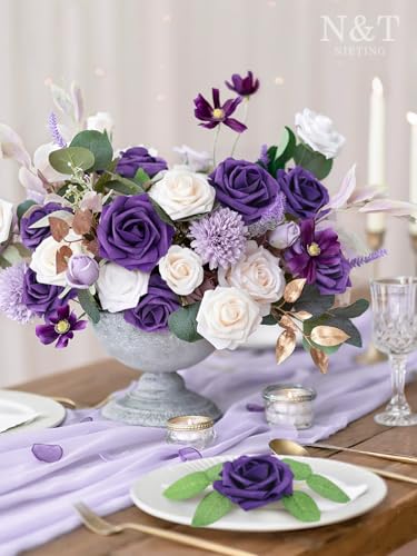 N&T NIETING Artificial Flowers,Real Touch Fake Flowers Roses with Stems Perfect for DIY Wedding Bridal Bouquets Centerpieces Shower Party Home Flower Arrangement Tables Decorations,25Pcs Dusty Purple - color: Dusty Purple, size: 25pcs
