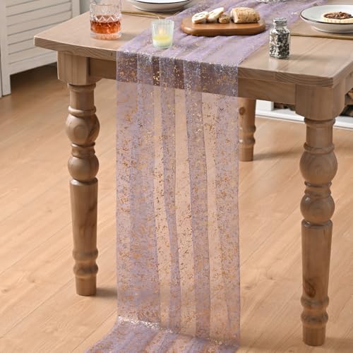 Artoid Mode Grayish Purple Gold Gauze Table Runner 120 Inch 10FT, Glitter Metallic Foil Sheer Dining Wedding Anniversary Holiday Birthday Table Decor for Home Party - color: Grayish Purple, size: 28" x 120"