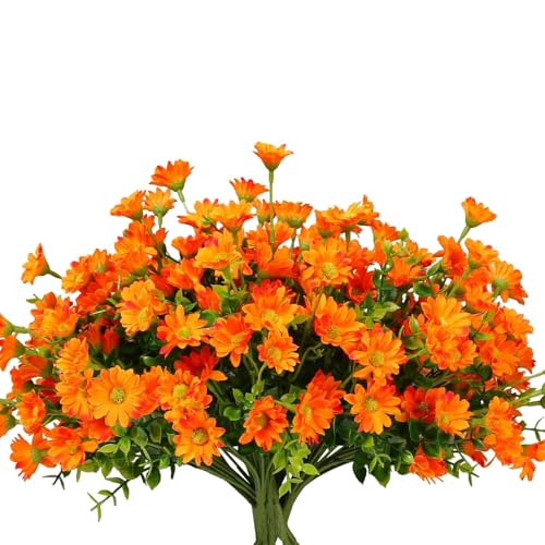 alyptus 8 Bundles Artificial Flowers for Outdoors Faux Mums UV Resistant Plastic Fall Plants Fake Greenery Orange Daisy Bulk for Home Gardenr Window Box Pathway Plante Wedding Decor (Orange) - color: Light Orange