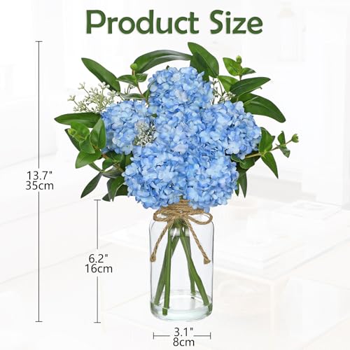 Hollyone Blue Hydrangea Artificial Flowers in Clear Glass Vase with Faux Water Silk Hydrangeas Fake Flowers Floral Arrangement for Home Bathroom Kitchen Office Table Centerpiece Shelf Decorations - color: Blue