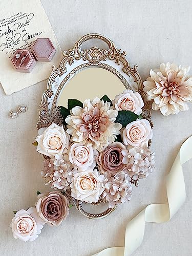 FACINOC Roses Artificial Flowers Bouquets Box Set for DIY Bridal Wedding Shower Decorations Centerpieces for Table Fake Floral Arrangement for Party Home Decor Indoor Taupe Beige - color: O (Beige, Taupe)