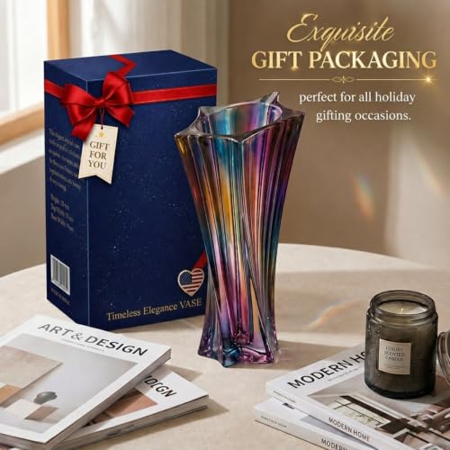 Crystal Glass Vase – Heavy Crystal Vase for Flowers with Weighted Bottom, Thick Durable Decorative Vases for Modern Home Decor, 9.8″ 3.5lb Clear Centerpiece (Heavy Color) - color: Heavy Color