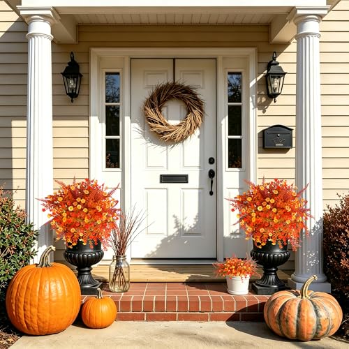 Artificial Flowers for Outdoor Indoor Decoration, Faux Flower Daisy with Eucalyptus Leaves Fake Plants Dried Flower Greenery Boxwood Porch Patio, 12 Bundles (Orange Yellow Burgundy) - color: Orange Yellow Burgundy