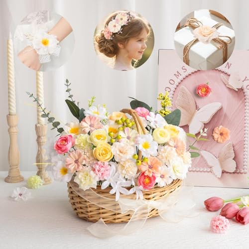 ATTGREAT Fake Flower Heads Mini Silk Flowrs Bulk Small Flower 3D Loose Faux Daisy Rose Sunflowers Plum Blossoms Craft for Wedding Party Cake Baby Shower Home Decor, 110Pcs(Champagne) - color: Champagne