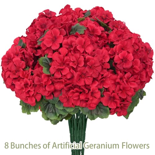 8 Pcs Artificial Geraniums Flowers for Outdoor Spring Summer Decor - UV-Resistant & Realistic Silk Faux Plants for Garden Porch Patio Yard Balcony Home Kitchen Table Centerpieces Decoration, Red - color: Red