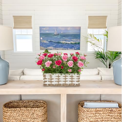Artificial Rose Flowers with Woven Basket, Faux Blooming Roses in Fake Rattan Planter for Table Centerpiece, Romantic Floral Arrangement for Home Dining Room Wedding Sweet Decor, Hot & Soft Pink - color: Hot & Soft Pink