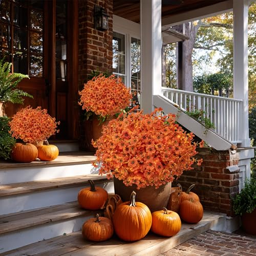 AXYLEX Artificial Fall Flowers Outdoor Fake Mums - 16 Bundles Fake Plants UV Resistant No Fade Faux Plastic Greenery Garden Porch Patio Fall Home Decor (Orangeyellow) - color: Orangeyellow