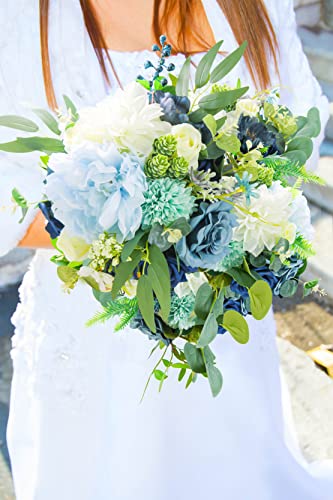 Artificial Flowers Combo Box Set,Silk Fake Flowers Roses Bridal Bouquets Out/Indoor DIY Centerpieces White Flowers for Decoration Arrangements Party Baby Shower Home Cake Decor (White&Blue) - color: White&blue