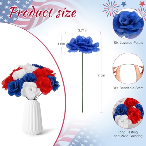108pcs Roses Head Flowers with Stem - Red Blue White Artificial Flowers Rose Bulk - Silk Rose Fake Flower Arrangement for Patriotic Memorial Bouquet Grave Centerpieces 4th of July Veterans Party Decor - color: White-red-blue