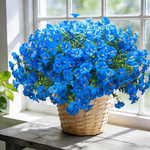 Grunyia UV Resistant Artificial Morning Glory Flowers - 16 Bundles Blue Faux Plastic Fake Plants with Eucalyptus for Outdoor Indoor Porch Patio Planter Window Box Garden Home Decor - color: Blue