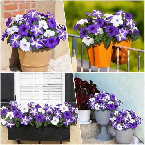 Artificial Flowers for Outdoors, 4 Pcs Realistic Fake Flowers Petunias UV Resistant Silk Morning Glory Faux Plants for Outdoor Planters Balcony Yard Window Box Porch Garden Home Outside Decor - color: Purple