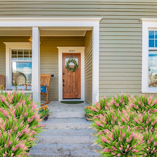 Sggvecsy 24 Bundles Artificial Plants Outdoor Faux Lavender Flowers Fake Monkey Grass UV Resistant Plastic Greenery Plants for Garden Home Porch Window Patio Hanging Planter Indoor Decor(Pink) - color: Pink, size: 24pcs