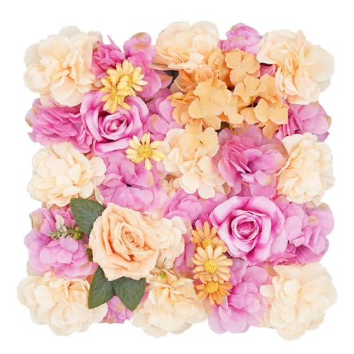 12Pcs Artificial Flower Wall Panel 3D Floral Backdrop Walls 15" X 15" Flower Wall Decor Flower Backdrop Faux Rose Panel for Party Home Background-Champagne, Purple - color: Champagne, Purple, Red