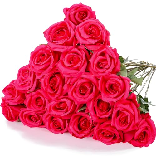 Hotop 20 Pcs Artificial Rose Flowers with Long Stem,Real Lifelike Silk Realistic Plastic Bouquet Roses Bulk for Home Decor Bridal Wedding Party Table Centerpieces Decorations(Hot Pink) - color: Hot Pink