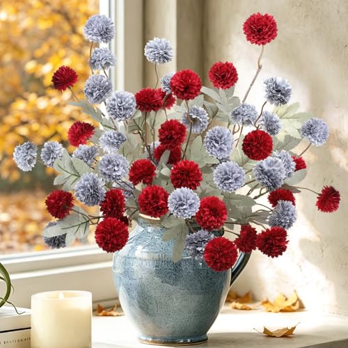 INQCMY Artificial Flowers 12 Pcs Fake Chrysanthemums Faux Kiku Flower Long Stem 20" Realistic Silk Pompon Mums for Vase Wedding Bouquets Centerpieces Home Decor (Red Haze Blue) - color: Red Haze Blue