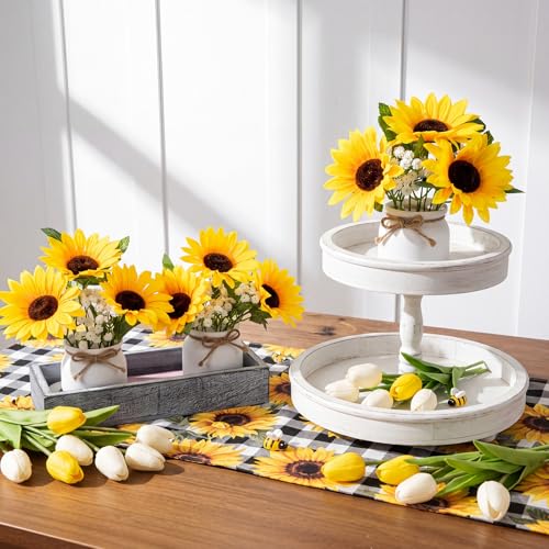 AceOrbit 3 Pcs Artificial Sunflower Potted Plants with Light Grey Wood Tray Farmhouse Faux Sunflowers for Kitchen Table Centerpieces Fake Yellow Flowers in Rustic Pots for Dining Home Bathroom Wedding - style: Weathered