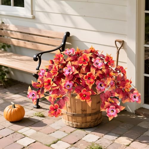 Fall Fake Flowers Artificial for Outdoors Decoration, 2PCS Faux Hibiscus Flowers for Outside Planters, Realistic Silk Autumn Plants with UV Resistant No Fade for Home Porch Garden Balcony Yard Decor - color: Dhh-orange Pink